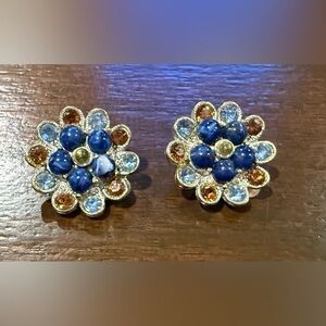 Vintage Elegant‎ Blue and Silver Floral Clip Earrings